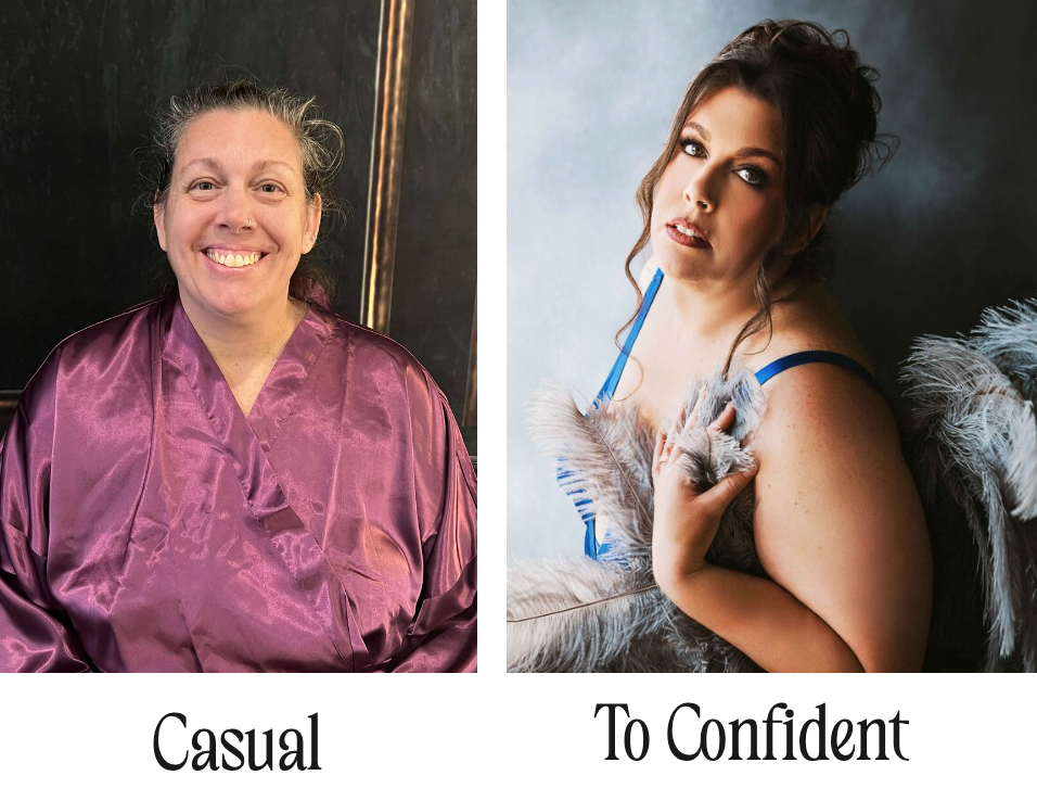 before and after image called casual to confident of a women before and after her makeover for her portrait photography session in baltimore maryland